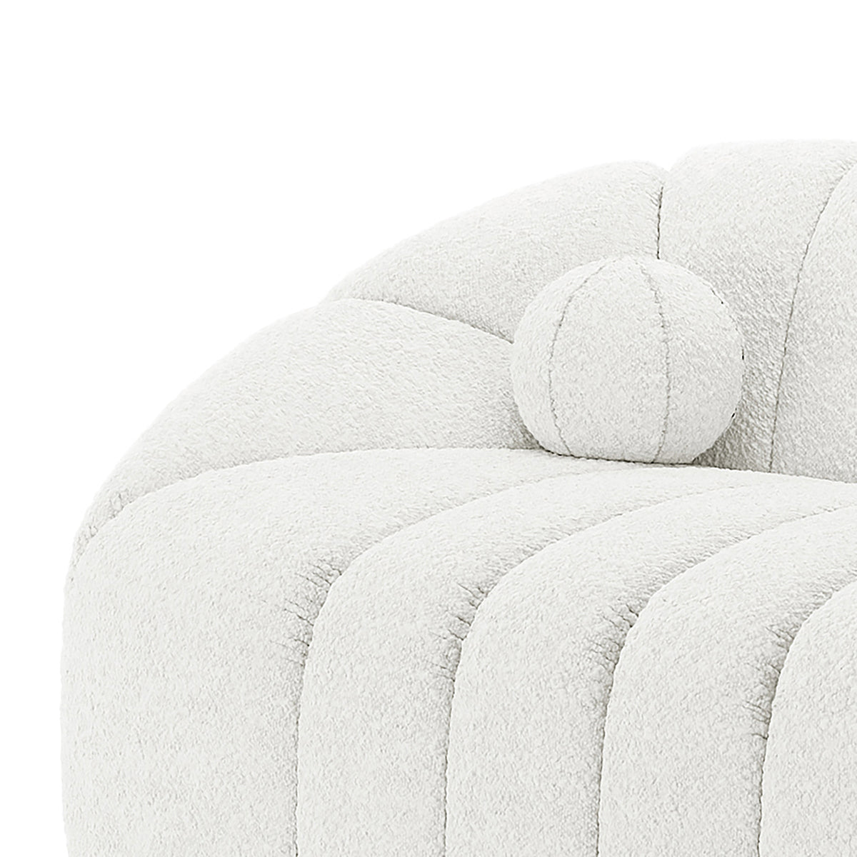 Trina 3 Seater Boucle Sofa with Pillows in Cream White features plush bouclé upholstery, vertical channel tufting, and a matching bolster pillow, combining modern elegance with comfort and durability.