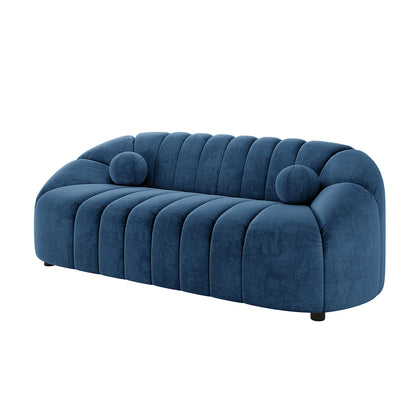 Trina Velvet 5-Seater Tufted Lounge Set – Blue, featuring plush velvet upholstery, channel tufting, and a curved silhouette. Includes a 3-seater sofa and two accent chairs, offering modern, stylish comfort.