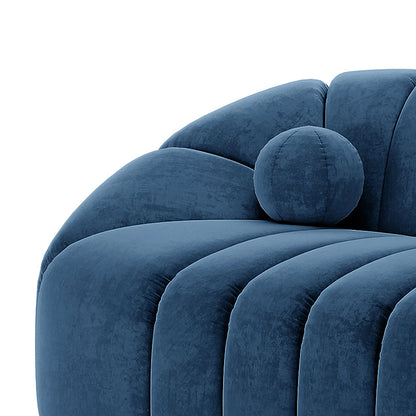 Trina Velvet 5-Seater Tufted Lounge Set – Blue, featuring plush velvet upholstery, channel tufting, and a curved design, includes a 3-seater sofa and two chairs with ball pillows for added comfort.