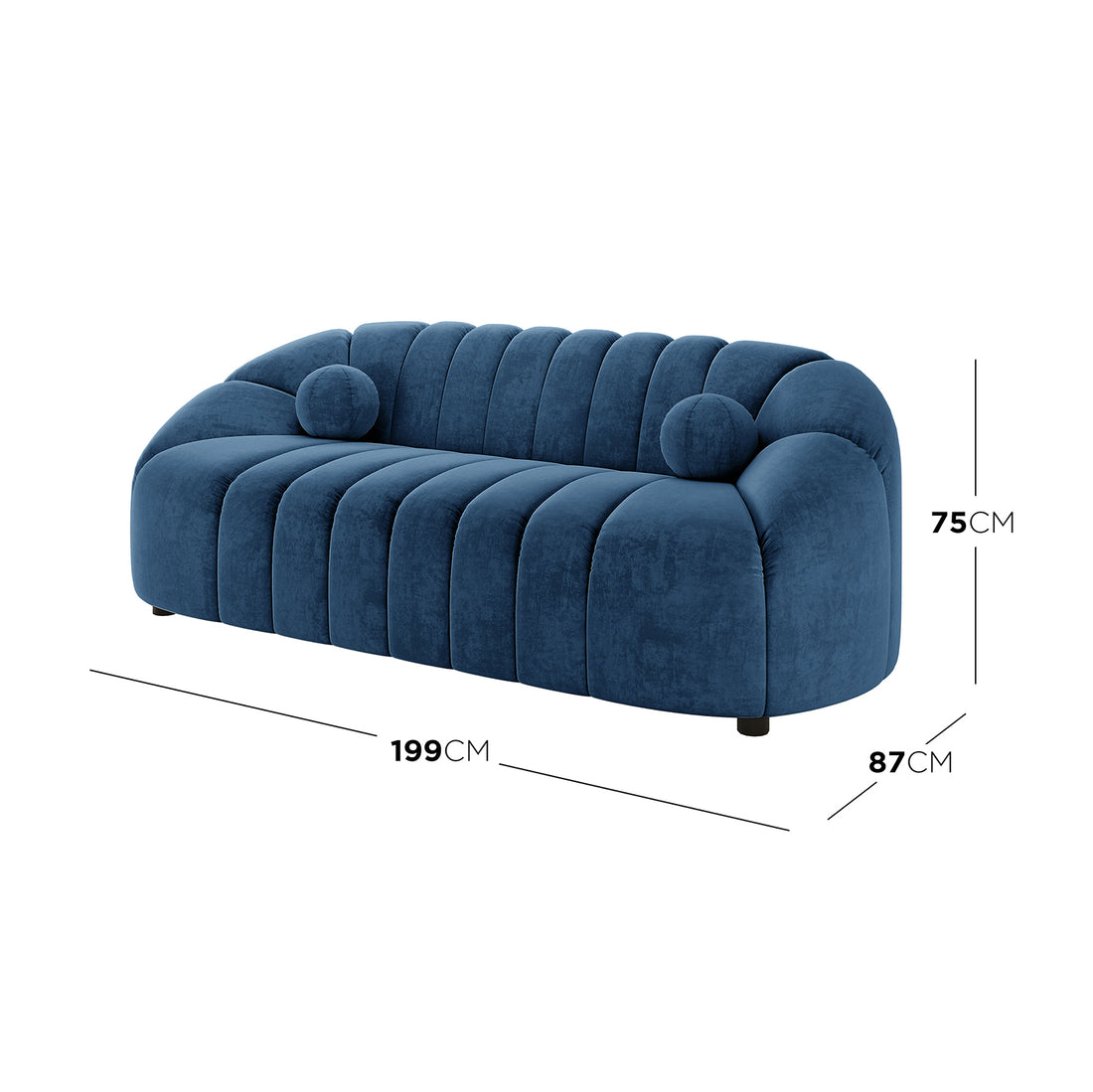 Trina Velvet 5-Seater Tufted Lounge Set - Blue, featuring plush velvet upholstery, channel tufting, curved design, and includes a 3-seater sofa plus two single accent chairs with ball pillows.