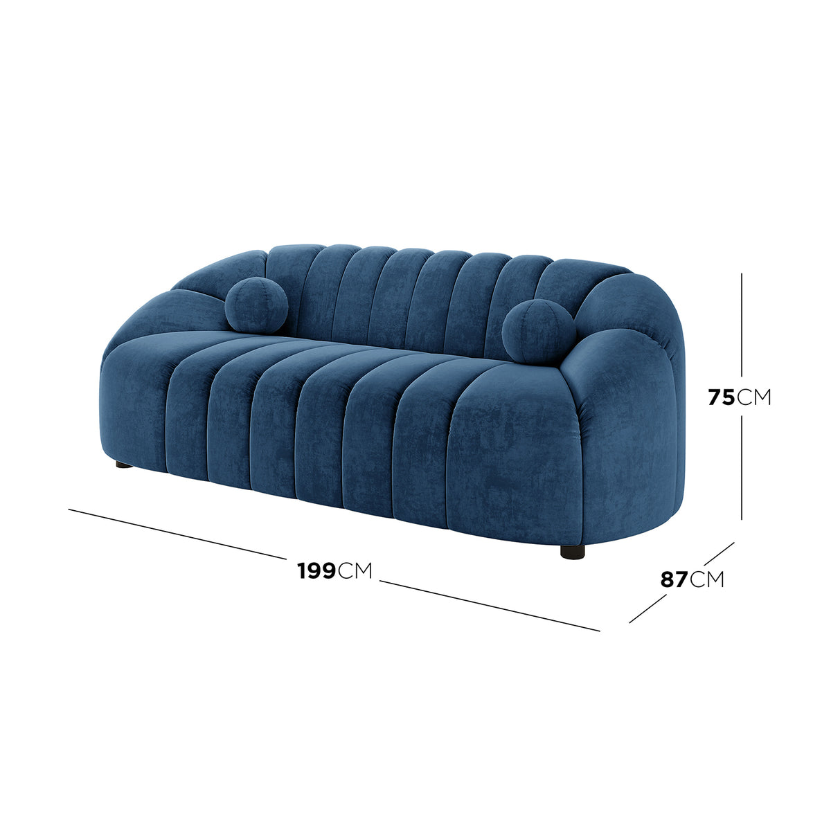 Trina Velvet 5-Seater Tufted Lounge Set - Blue, featuring plush velvet upholstery, channel tufting, curved design, and includes a 3-seater sofa plus two single accent chairs with ball pillows.