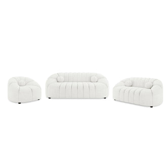Trina 6 Seater Boucle Sofa Set with Pillows in Cream White, featuring a rounded club chair, loveseat, and three-seat sofa with pillowy, channel-tufted design and short black feet against a plain backdrop.