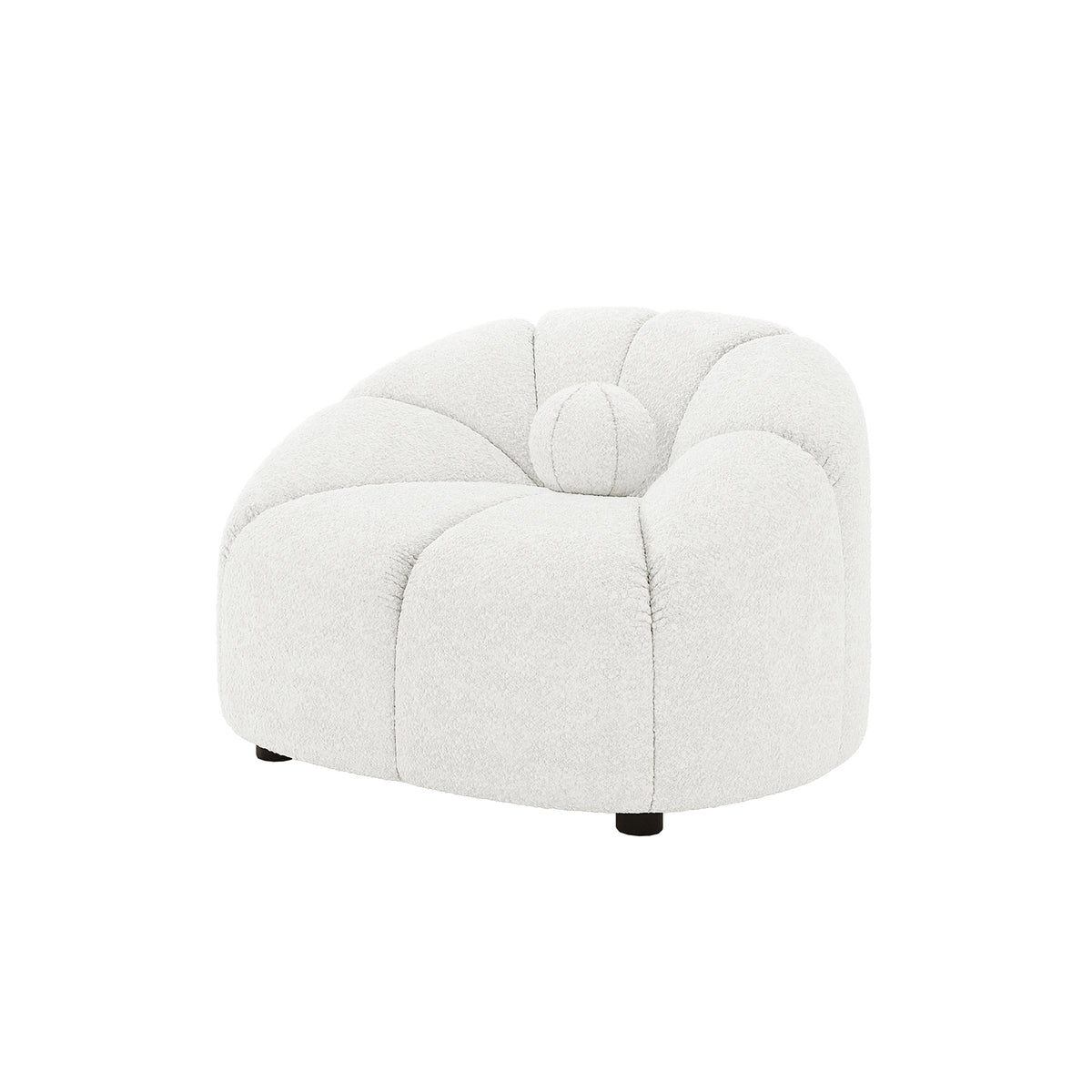 Trina 6 Seater Boucle Sofa Set with Pillows in Cream White showcases a low-slung lounge chair in light bouclé fabric, featuring a rounded, tufted seat, matching bolster cushion, and elegant design elements.