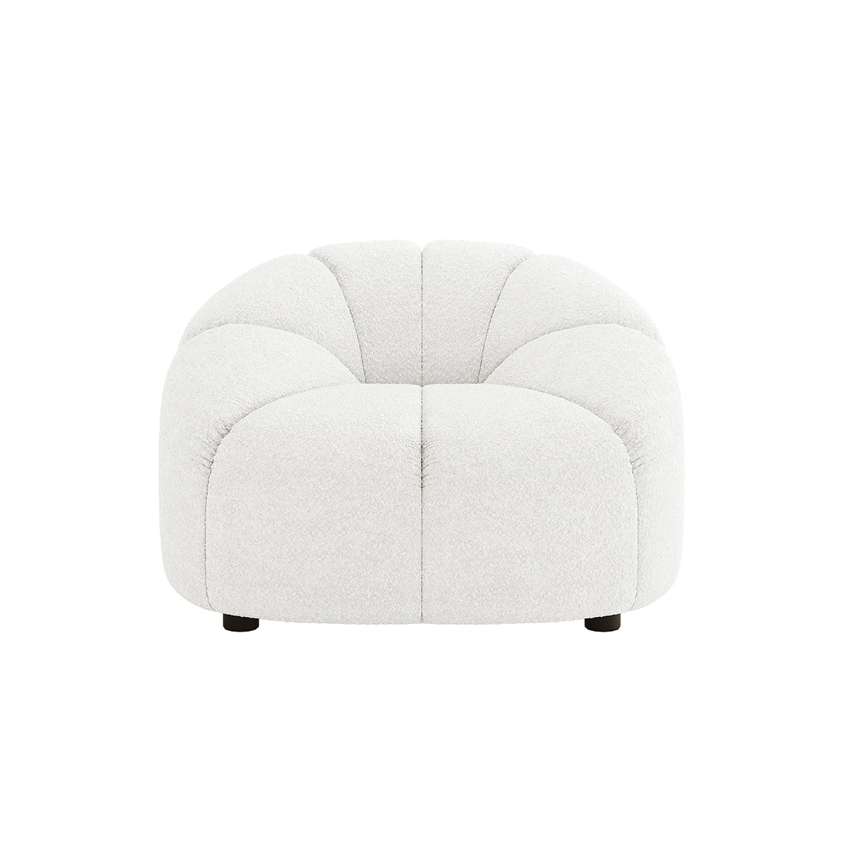 Trina 6 Seater Boucle Sofa Set features a low-sitting, single-seat lounge chair module in white boucle fabric, with rounded, petal-like cushion sections and discreet black feet, enhancing chic comfort.