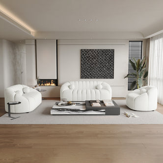 Trina 6 Seater Boucle Sofa Set with Pillows in Cream White features a sculptural design, soft boucle upholstery, and plush pillows, harmonizing with a minimalist living room setting.
