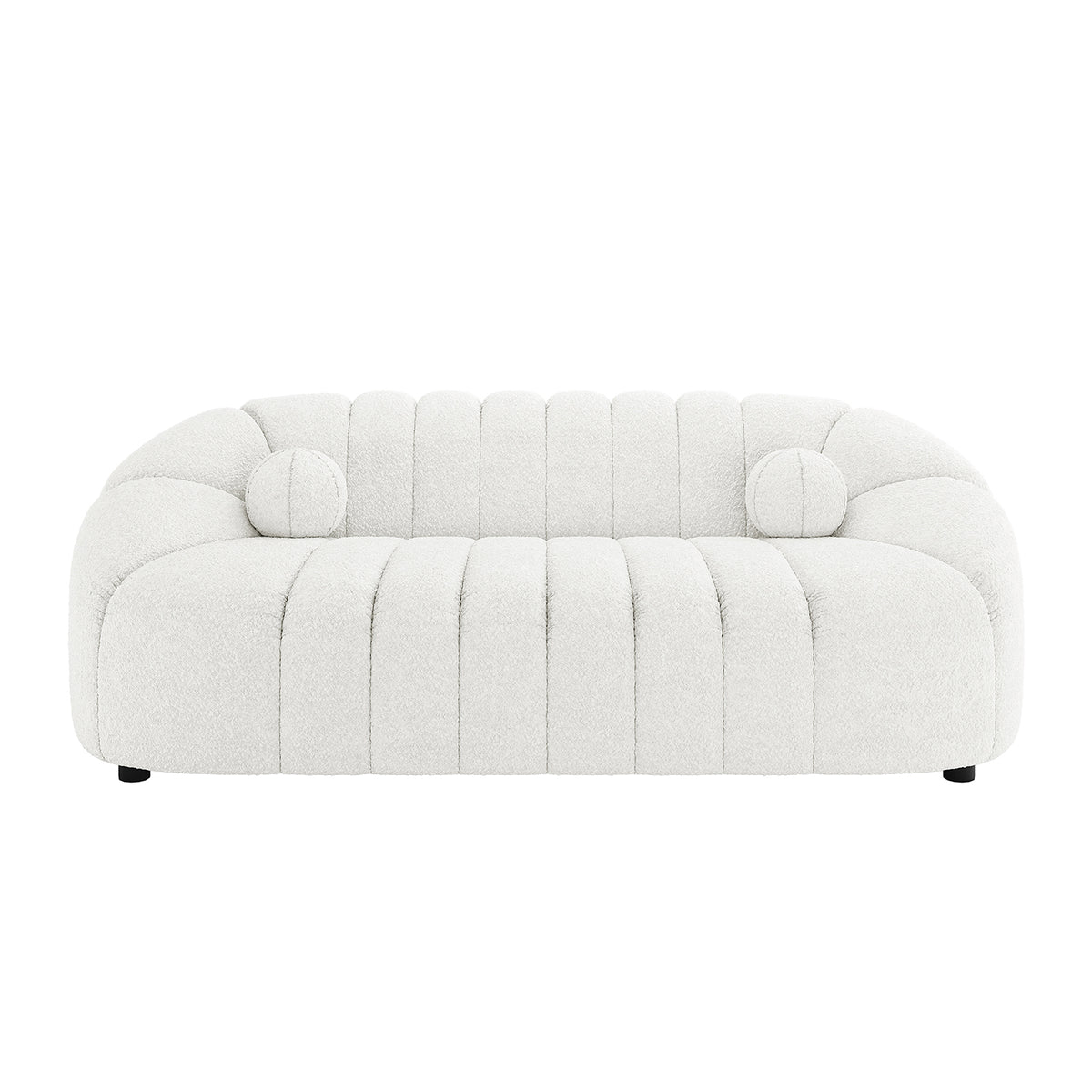 Trina 6 Seater Boucle Sofa Set with Pillows in Cream White, featuring low-slung design, deep vertical channel tufting, rounded arms, and matching round bolster pillows, upholstered in textured bouclé fabric.