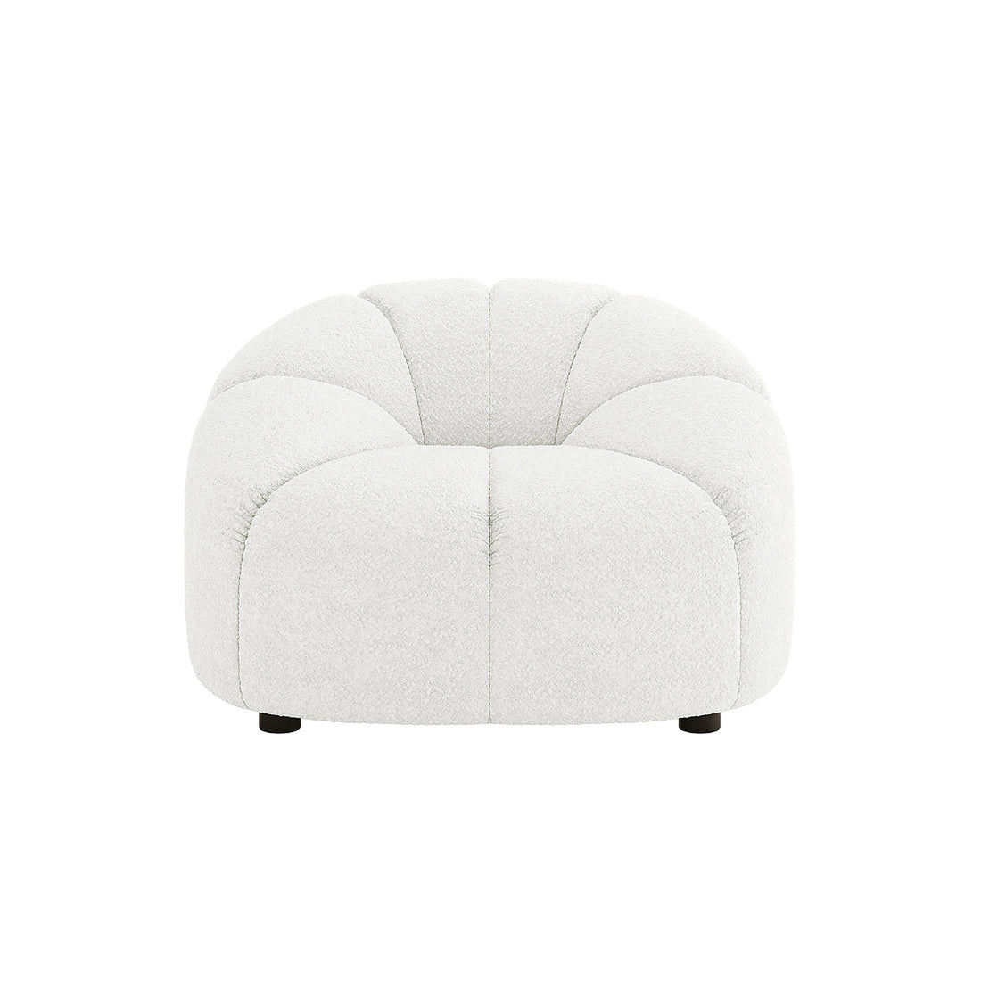 Trina Boucle Sofa Chair with Ball Pillow features a sleek white design with black legs, armrests, and a tufted ball pillow, showcasing modern elegance and cosy boucle fabric upholstery.