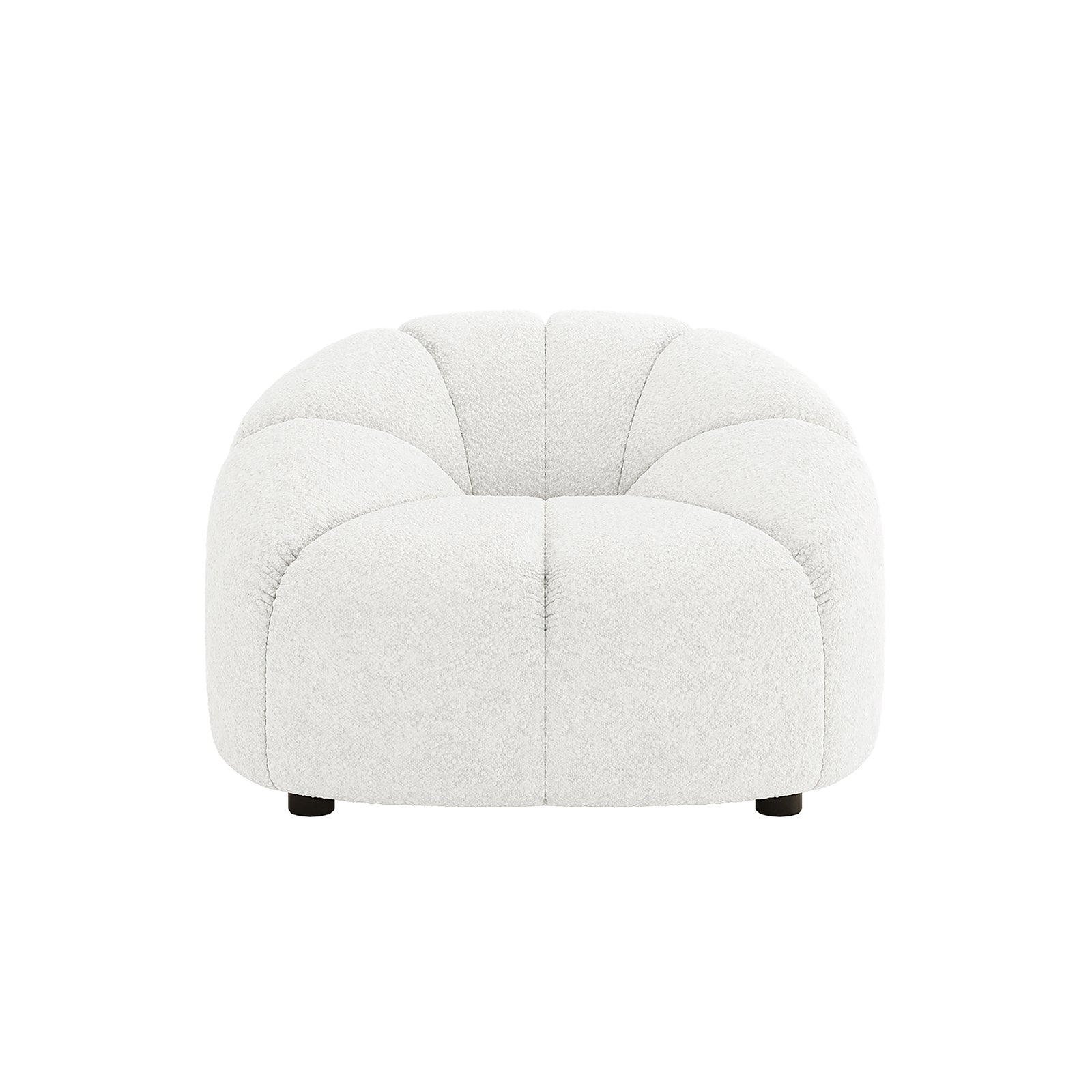 Trina Boucle Sofa Chair with Ball Pillow features a sleek white design with black legs, armrests, and a tufted ball pillow, showcasing modern elegance and cosy boucle fabric upholstery.