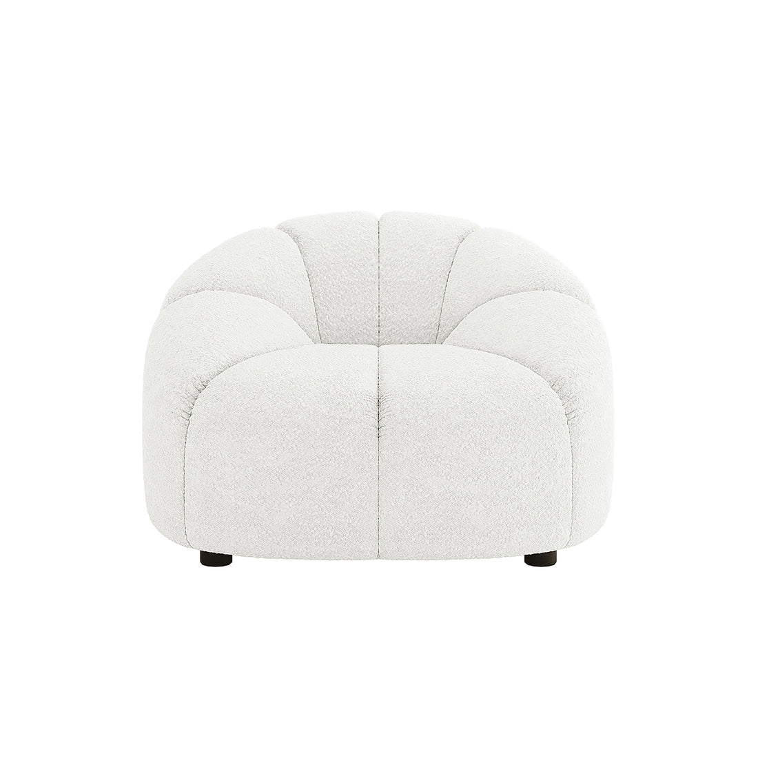 Trina Boucle Sofa Chair with Ball Pillow features a stylish cream white design, black legs, and armrests. The chair's boucle fabric and tufted sunflower pattern highlight its modern, luxurious appeal.