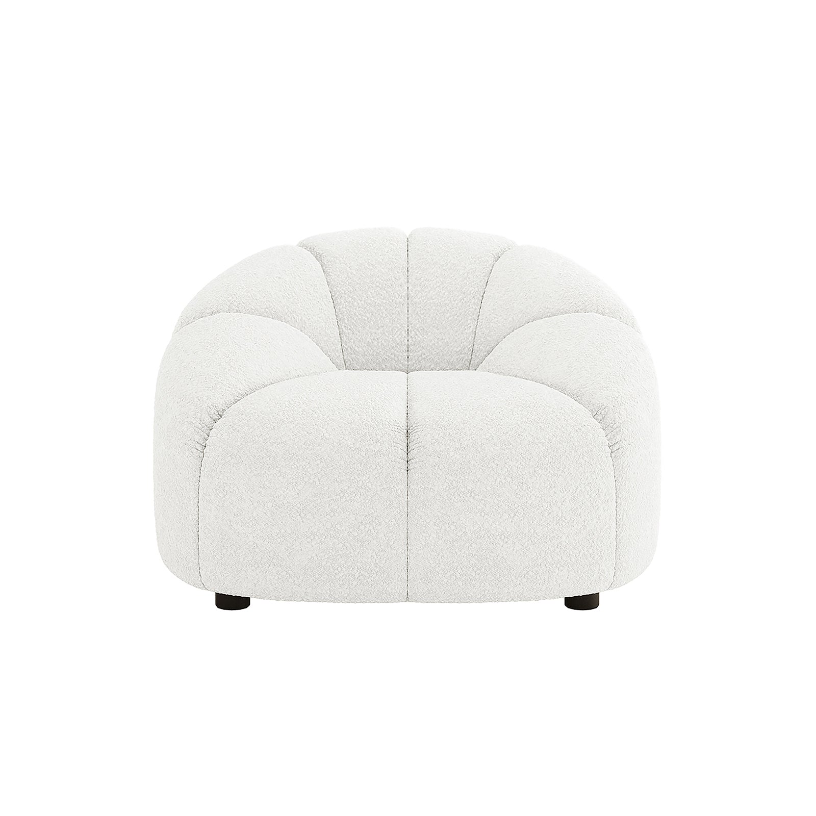 Trina Boucle Sofa Chair with Ball Pillow features a stylish cream white design, black legs, and armrests. The chair's boucle fabric and tufted sunflower pattern highlight its modern, luxurious appeal.