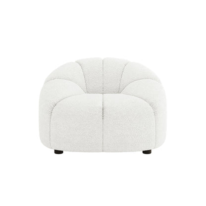 Trina Boucle Sofa Chair with Ball Pillow features a stylish cream white design, black legs, and armrests. The chair's boucle fabric and tufted sunflower pattern highlight its modern, luxurious appeal.