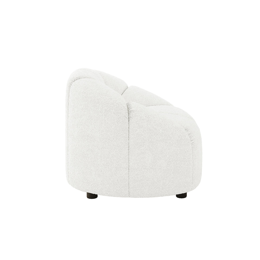 Trina Boucle Sofa Chair with Ball Pillow - Cream White features a modern design with boucle fabric, black legs, and a tufted ball pillow, embodying both comfort and style.
