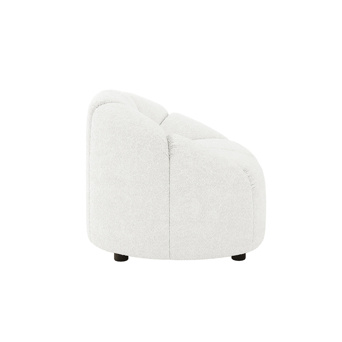 Trina Boucle Sofa Chair with Ball Pillow - Cream White features a modern design with boucle fabric, black legs, and a tufted ball pillow, embodying both comfort and style.