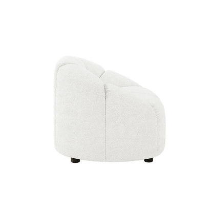 Trina Boucle Sofa Chair with Ball Pillow - Cream White features a modern design with boucle fabric, black legs, and a tufted ball pillow, embodying both comfort and style.
