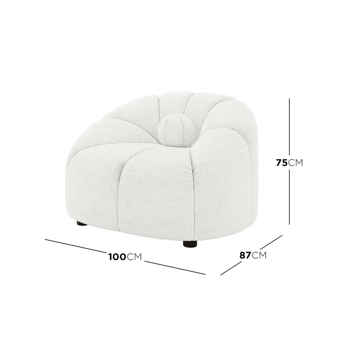 Trina Boucle Sofa Chair with Ball Pillow - Cream White features a modern design with soft boucle upholstery and a sunflower tufted pattern, complemented by a matching tufted ball pillow on the seat.