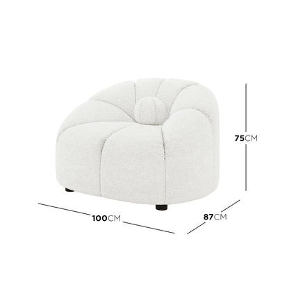 Trina Boucle Sofa Chair with Ball Pillow - Cream White features a modern design with soft boucle upholstery and a sunflower tufted pattern, complemented by a matching tufted ball pillow on the seat.