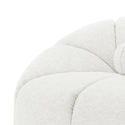Trina Boucle Sofa Chair with Ball Pillow, featuring luxurious boucle upholstery, a sunflower tufted design, and a matching tufted ball pillow, highlighted in a modern, elegant style.