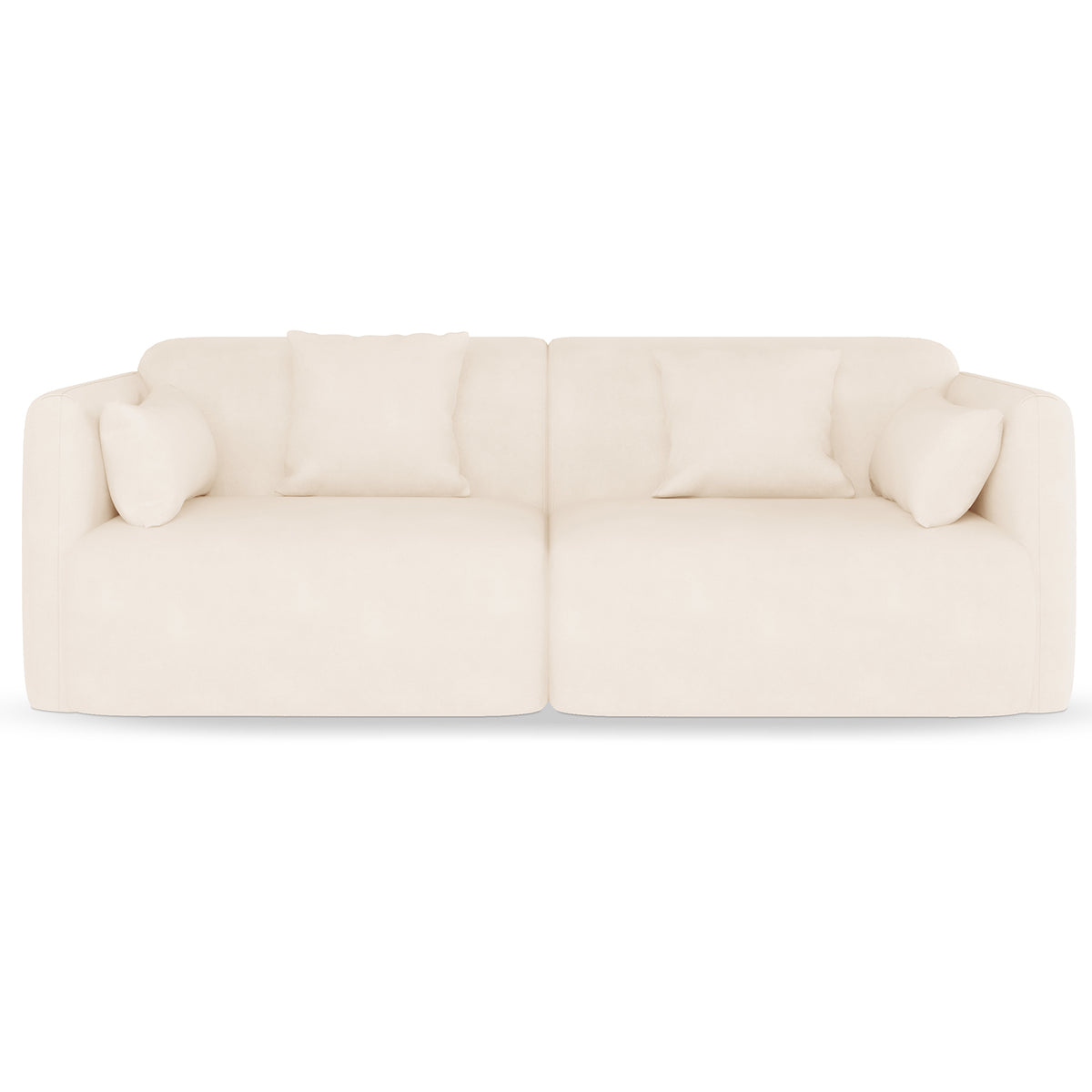 Vestalia 3 Seater Velvet Sofa in Cream White features a modern, low-profile design with two adjoining modules, upholstered in soft fabric, and includes four matching throw pillows for added elegance.