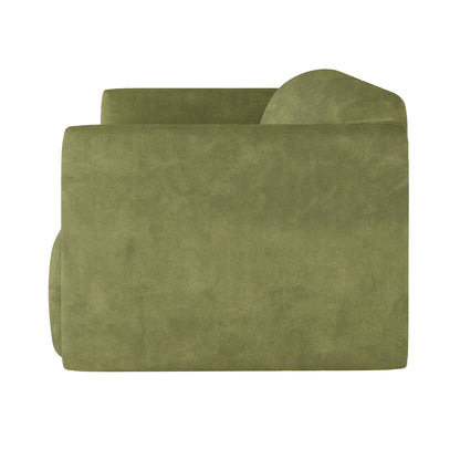 Vestalia 3 Seater Velvet Sofa in Olive Green, featuring a single block-style seat with one armrest, showcased in a modern, low-profile design with plush velvet upholstery.