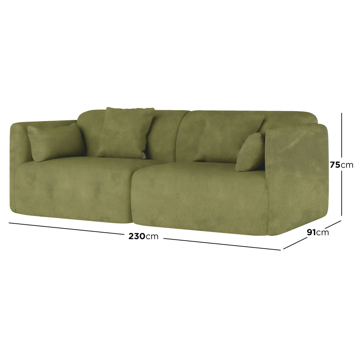 Vestalia 3 Seater Velvet Sofa in Olive Green, featuring a low-profile design with two back cushions and smaller side pillows, measuring 230 cm wide, 91 cm deep, and 75 cm tall.