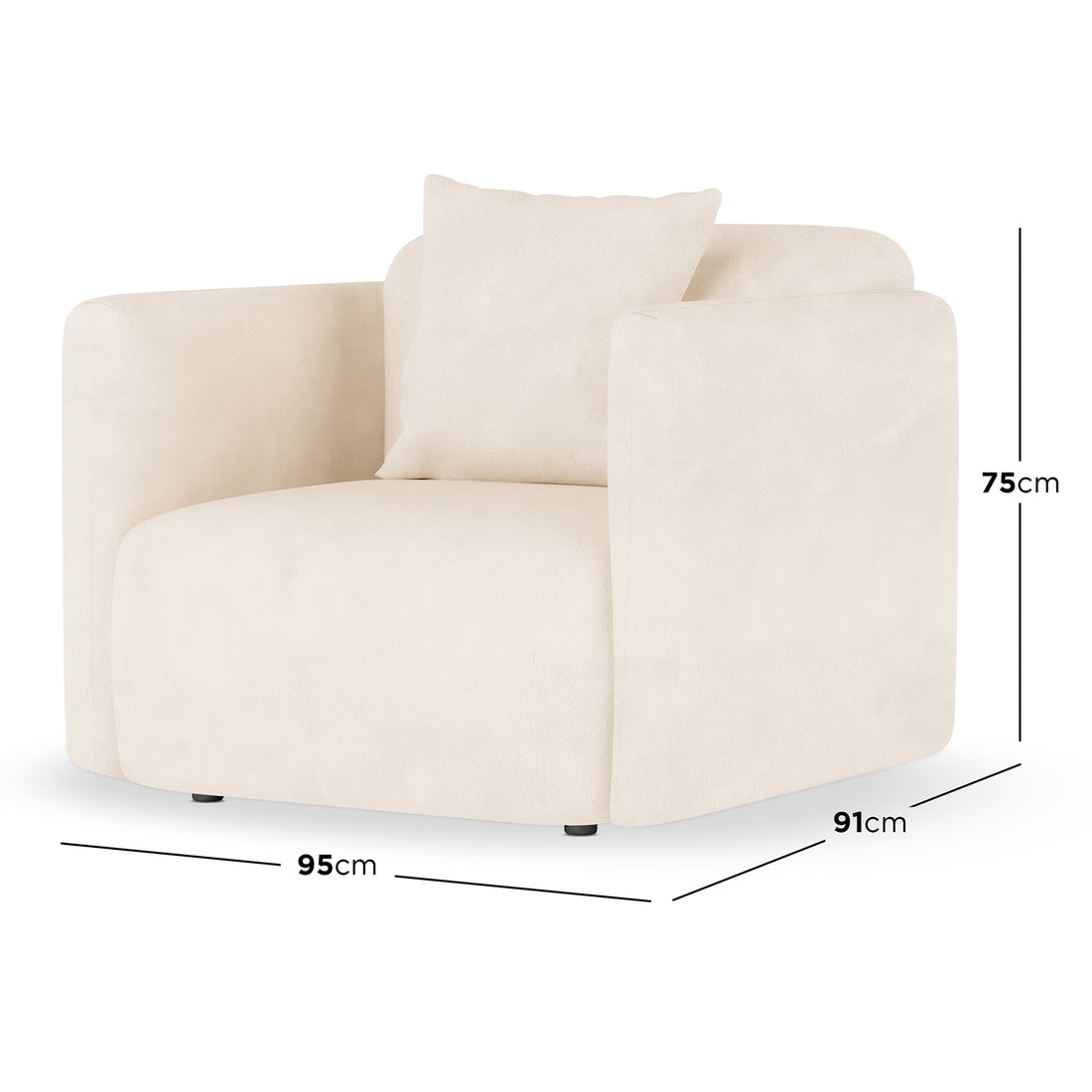 Vestalia Single Seater Velvet Sofa in Cream White, featuring a modern, curved design with plush upholstery. Shown with dimension lines: 95 cm wide, 91 cm deep, 75 cm tall on a white background. - Dimensions