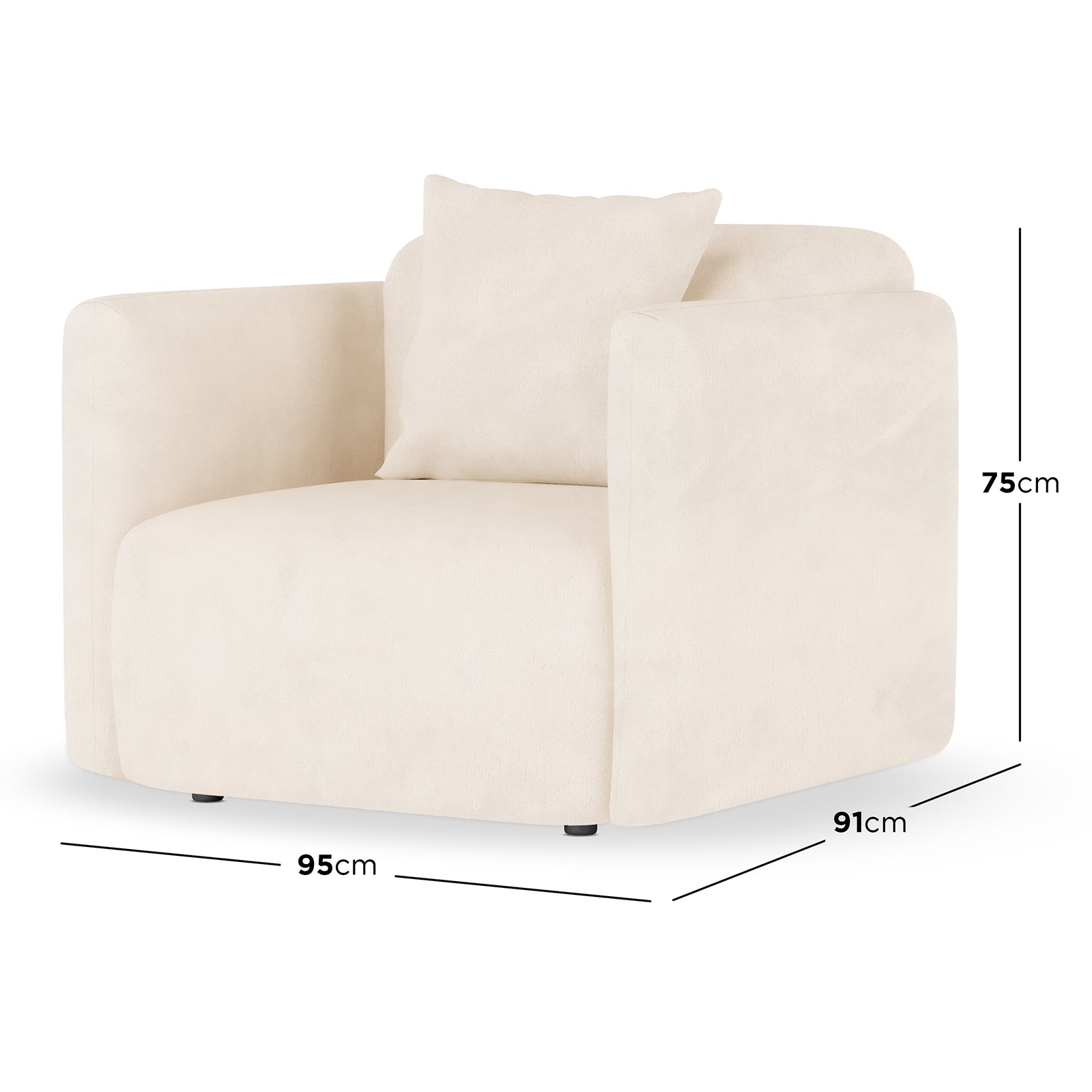 Vestalia Single Seater Velvet Sofa in Cream White, featuring a modern, curved design with plush upholstery. Shown with dimension lines: 95 cm wide, 91 cm deep, 75 cm tall on a white background. - Dimensions