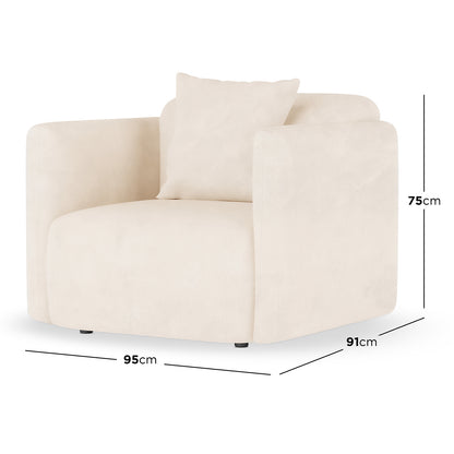Vestalia Single Seater Velvet Sofa in Cream White, featuring a modern, curved design with plush upholstery. Shown with dimension lines: 95 cm wide, 91 cm deep, 75 cm tall on a white background. - Dimensions