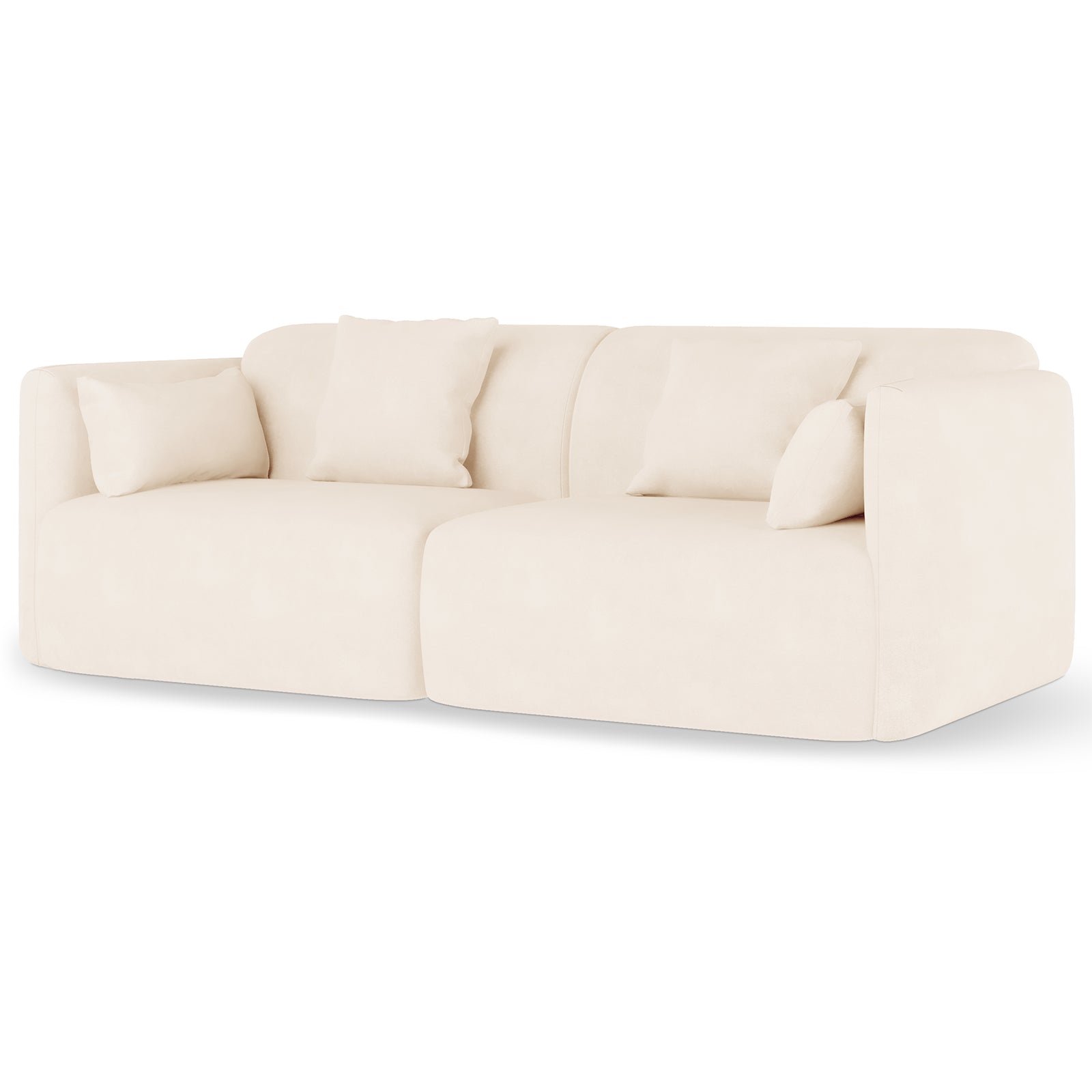 Vestalia 4 Seater Velvet Sofa Set in Cream White, featuring a modern, two-seat modular design with off-white fabric, one armrest on the right, and four matching throw pillows.