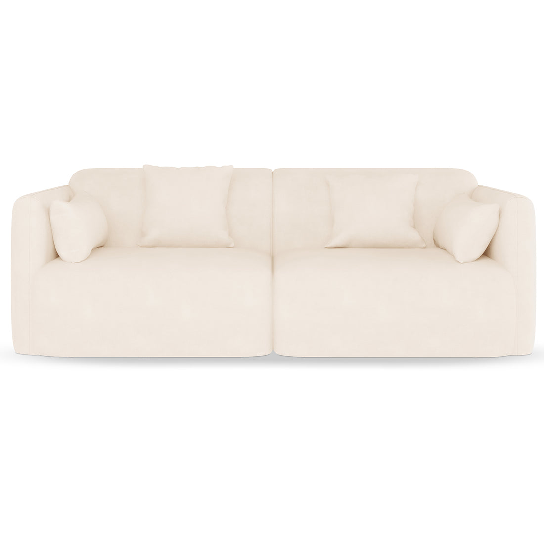 Vestalia 4 Seater Velvet Sofa Set in Cream White, featuring two-seat modules with low arms, five matching throw pillows, and a minimalist, Scandinavian-inspired design in soft velvet fabric.