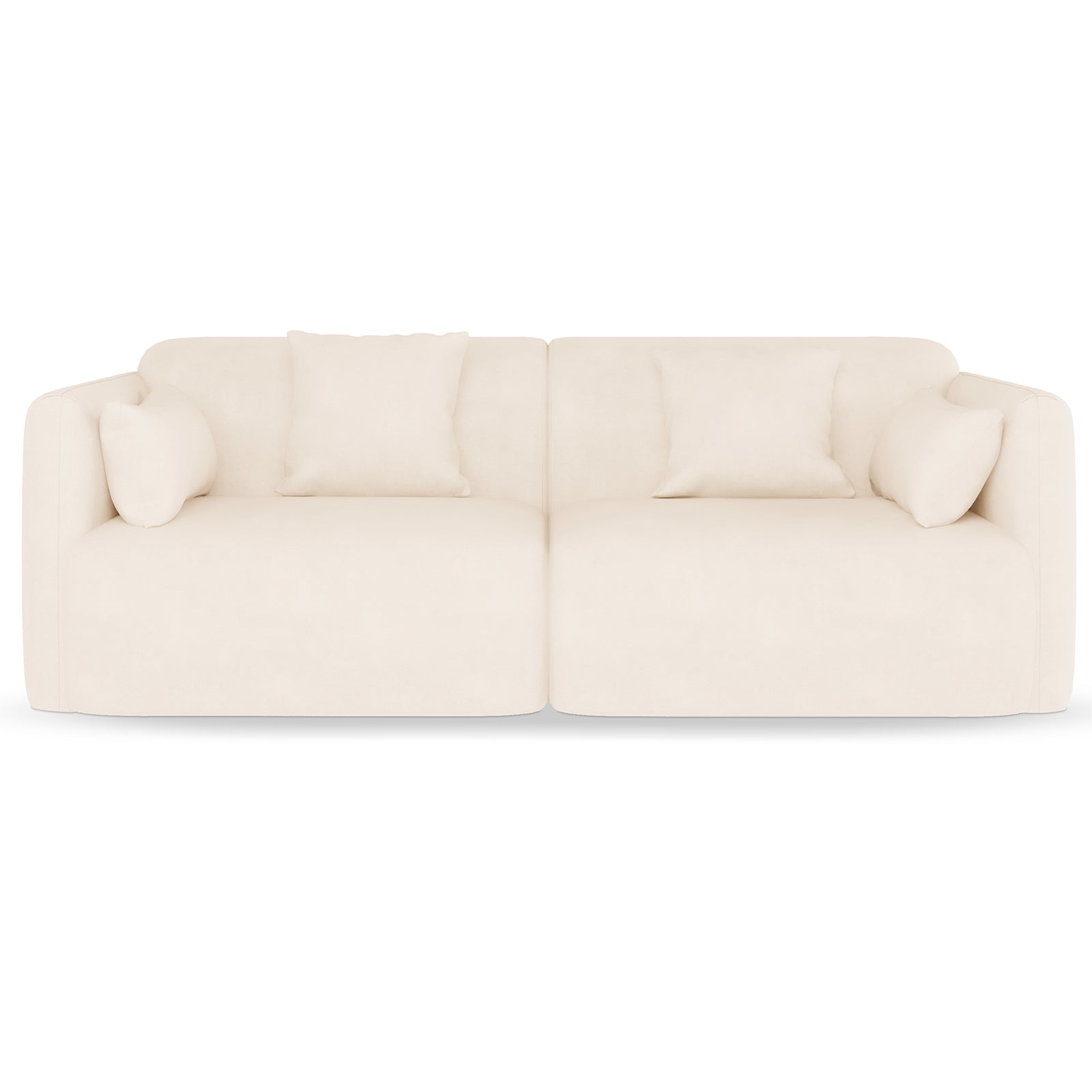 Vestalia 4 Seater Velvet Sofa Set in Cream White, featuring two-seat modules with low arms, five matching throw pillows, and a minimalist, Scandinavian-inspired design in soft velvet fabric.