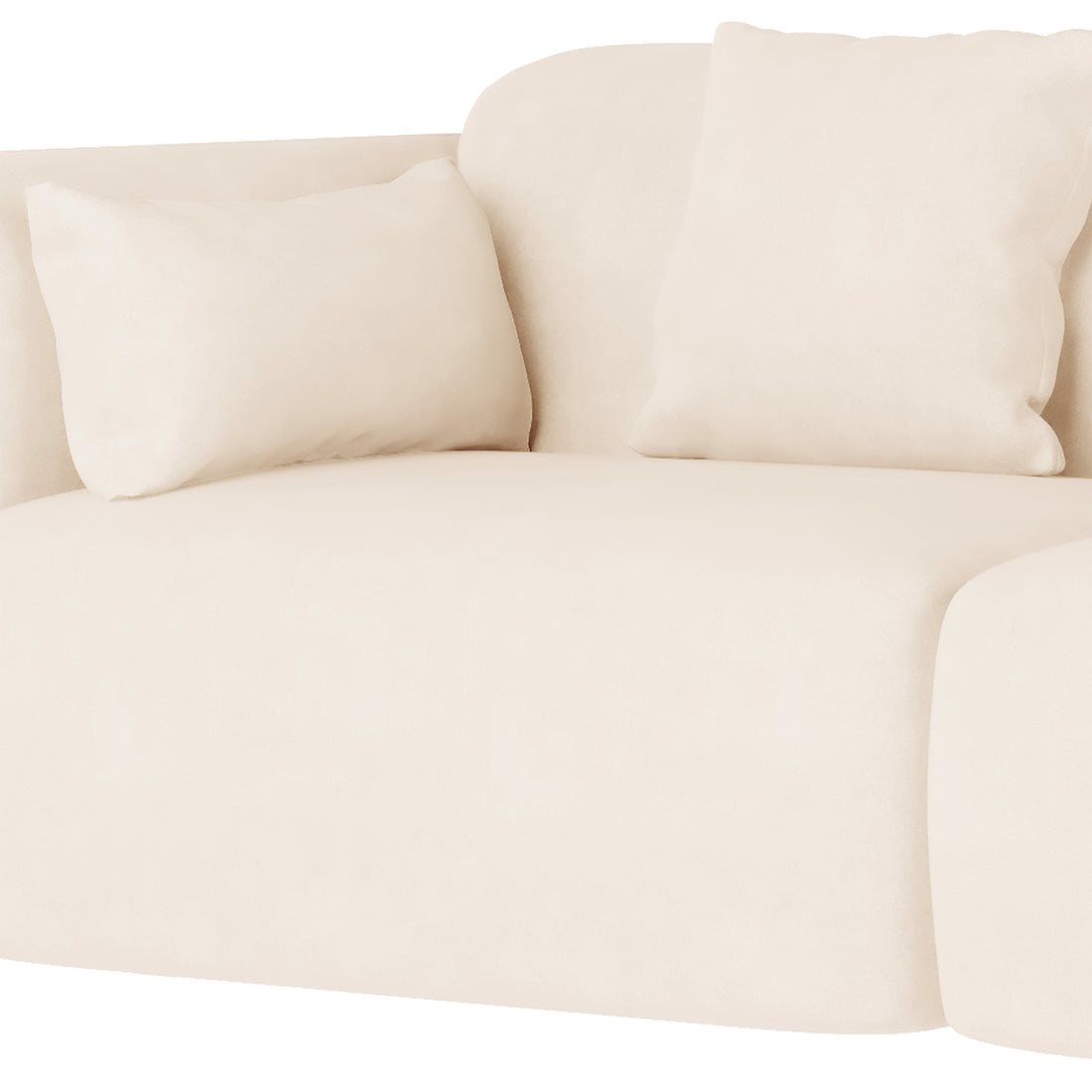 Vestalia 4 Seater Velvet Sofa Set in Cream White, featuring a light-cream sectional design with plush velvet upholstery and two matching throw pillows, showcasing a sleek, curved, and rounded profile.