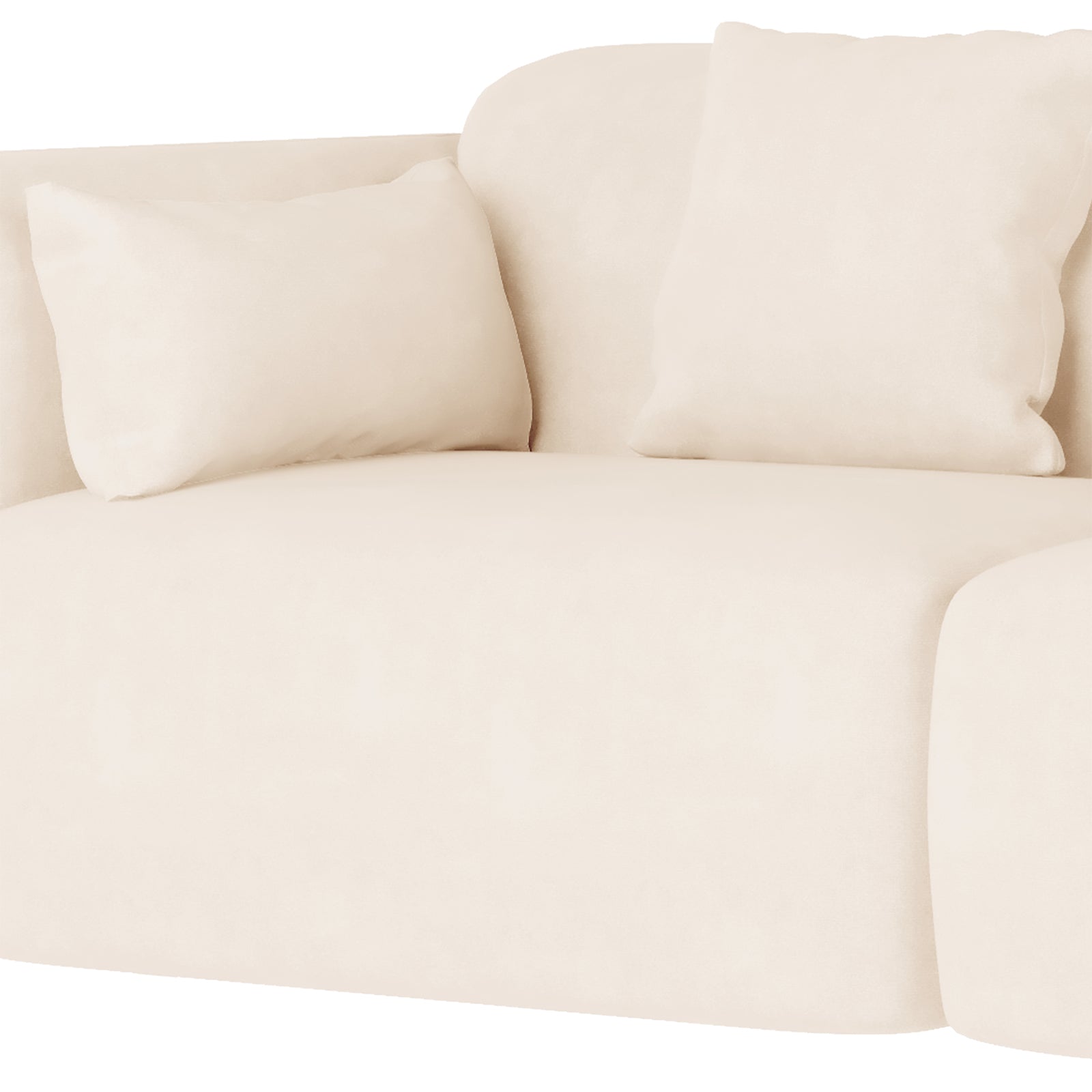 Vestalia 4 Seater Velvet Sofa Set in Cream White, featuring a light-cream sectional design with plush velvet upholstery and two matching throw pillows, showcasing a sleek, curved, and rounded profile.