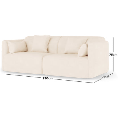 Vestalia 4 Seater Velvet Sofa Set in Cream White, featuring a modular design with low rounded arms, continuous seat base, and loose back cushions, measuring 230 cm wide by 91 cm deep.
