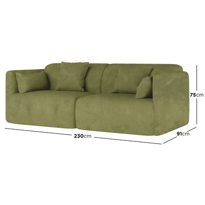 Vestalia 4 Seater Velvet Sofa Set in Olive Green features an olive-green upholstered two-seat sectional with loose back and bolster cushions, measuring 230 cm wide, 91 cm deep, and 75 cm high.