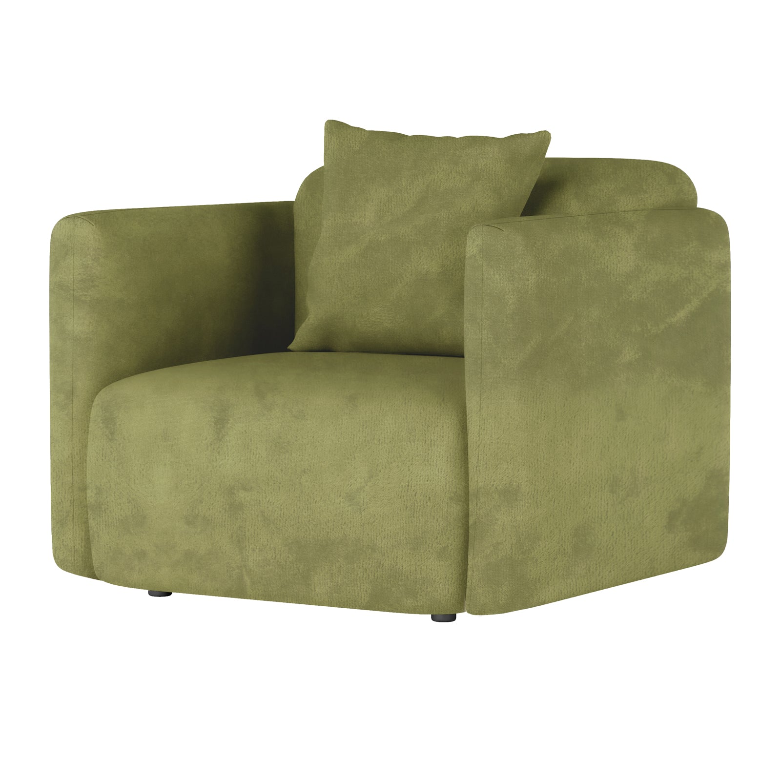 Vestalia 4 Seater Velvet Sofa Set in Olive Green features a modern armchair with olive-green upholstery, squared-off arms, a broad cushioned seat and back, and a matching throw pillow, offering stylish comfort.