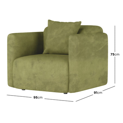Vestalia 4 Seater Velvet Sofa Set - Olive Green, featuring a plush olive velvet finish with a curved, rounded design. It includes a 3-seater and a single chair, complete with accent pillows.