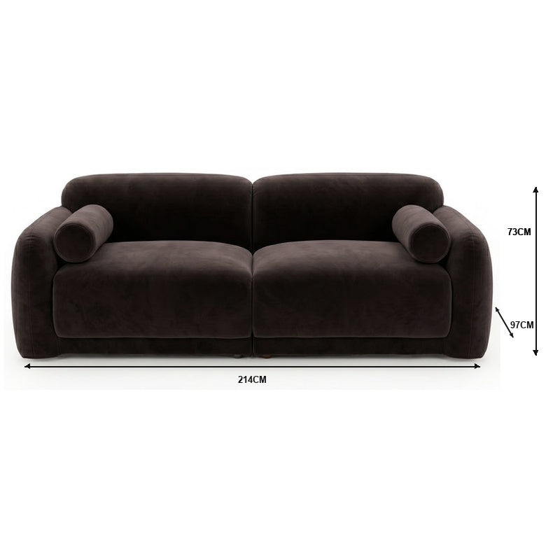 Dark brown velvet 3-seater modular sofa with rounded armrests, cylindrical bolster pillows, and dimensions 214cm x 97cm x