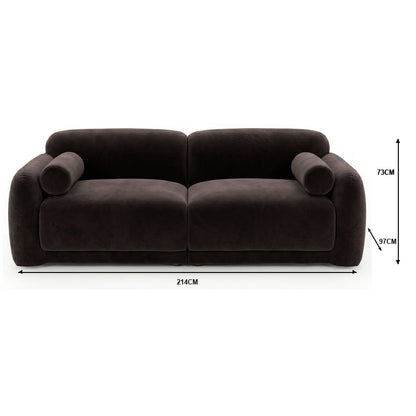 Dark brown velvet 3-seater modular sofa with rounded armrests, cylindrical bolster pillows, and dimensions 214cm x 97cm x