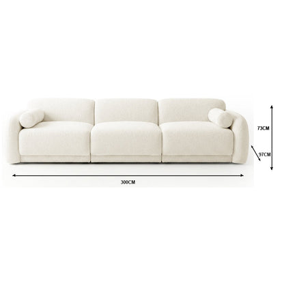Cream white three-seater boucle sofa with cylindrical bolster pillows, 300cm wide, 97cm deep, 73cm high, on white background