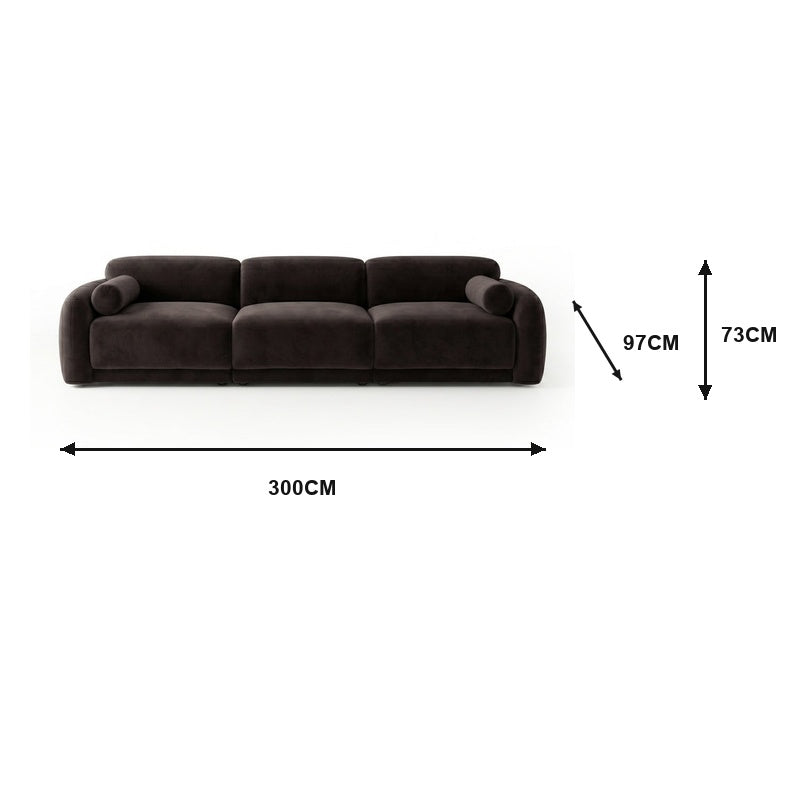 Deep mocha brown 4 seater performance velvet modular sofa with rounded arms, 300cm wide, 97cm deep, 73cm high, on white