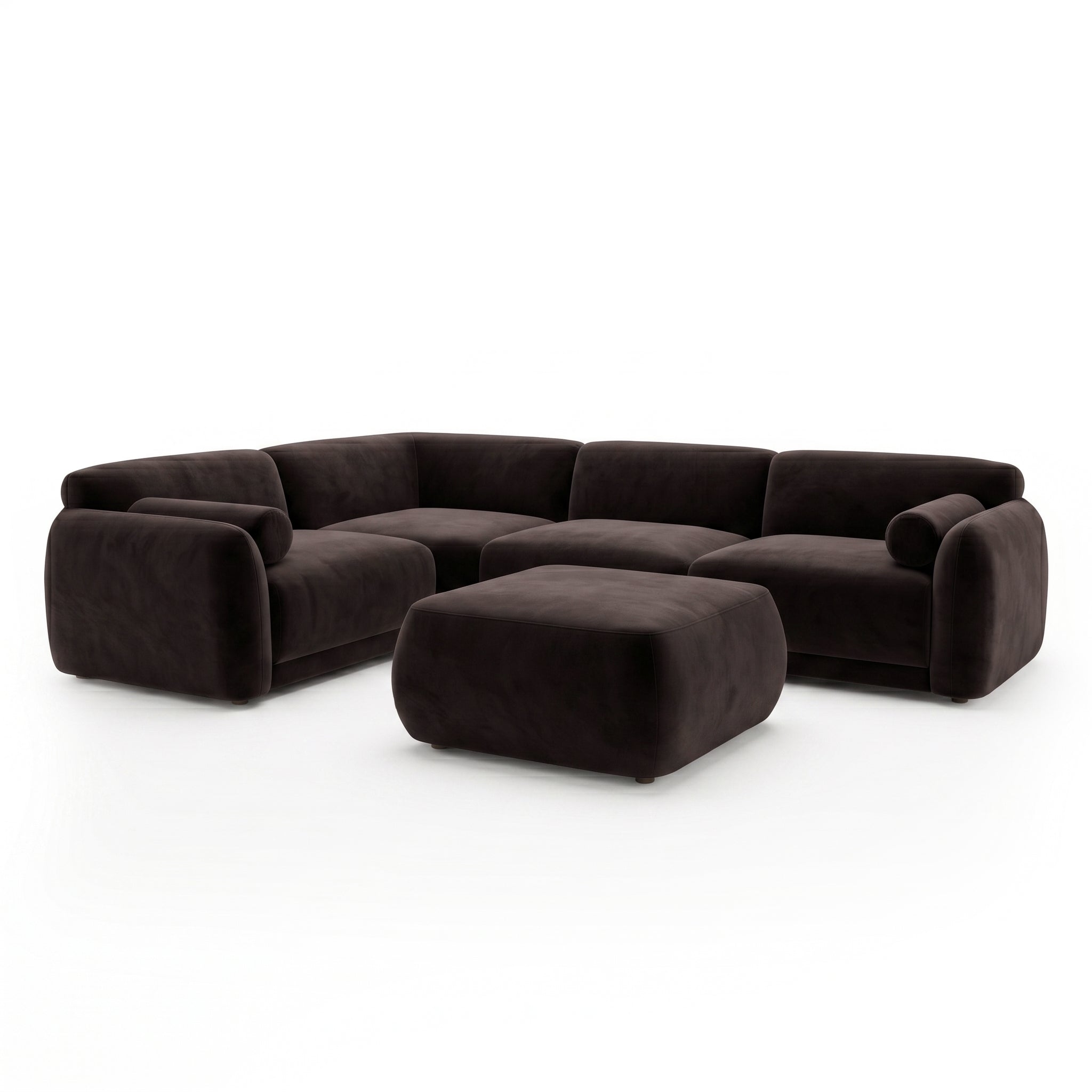 Dark brown sectional sofa with ottoman on white background