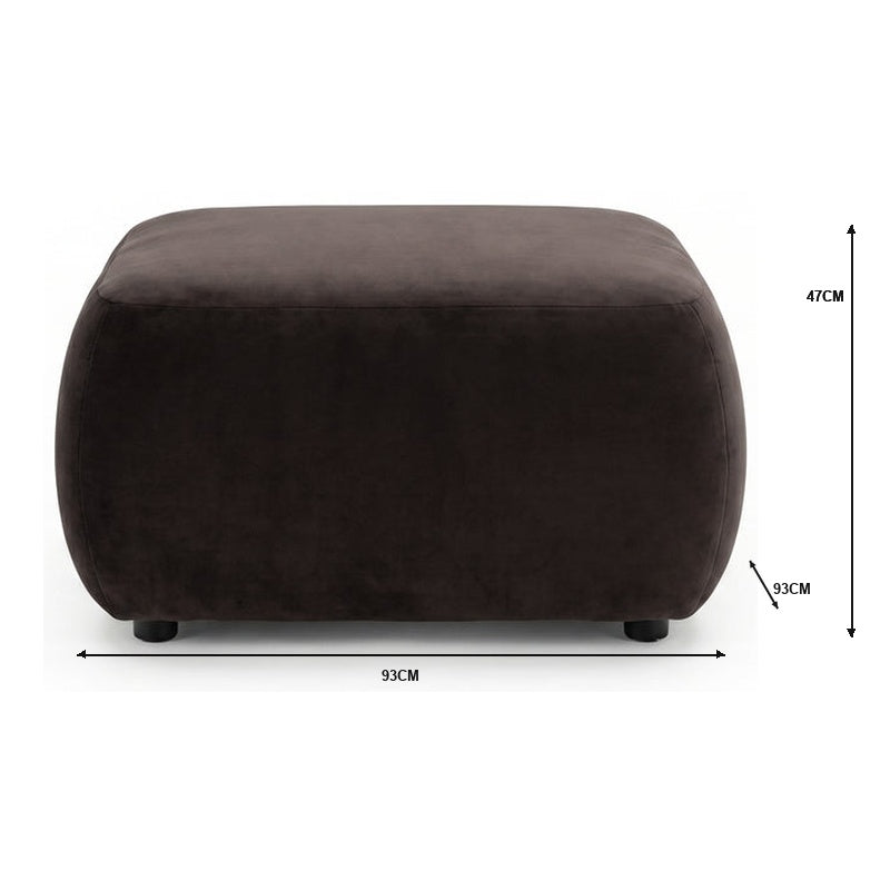 Dark brown velvet ottoman with rounded edges, 93cm wide by 47cm high, on white background
