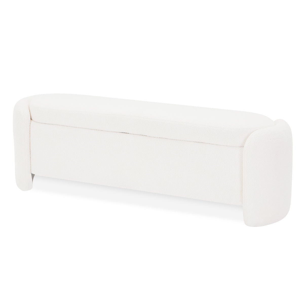 Wynne Fabric Storage Ottoman Bench Seat in Cream White, featuring a modern silhouette with rounded corners, plush boucle upholstery, slightly curved top, and hidden storage for a stylish, functional addition to any room.