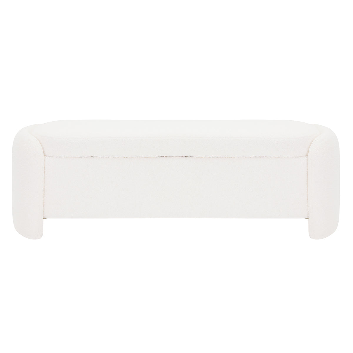 Wynne Fabric Storage Ottoman Bench Seat in Cream White, showcasing a modern, minimalist design with rounded ends, smooth top, and upholstered in soft boucle fabric, perfect for stylish storage and seating.