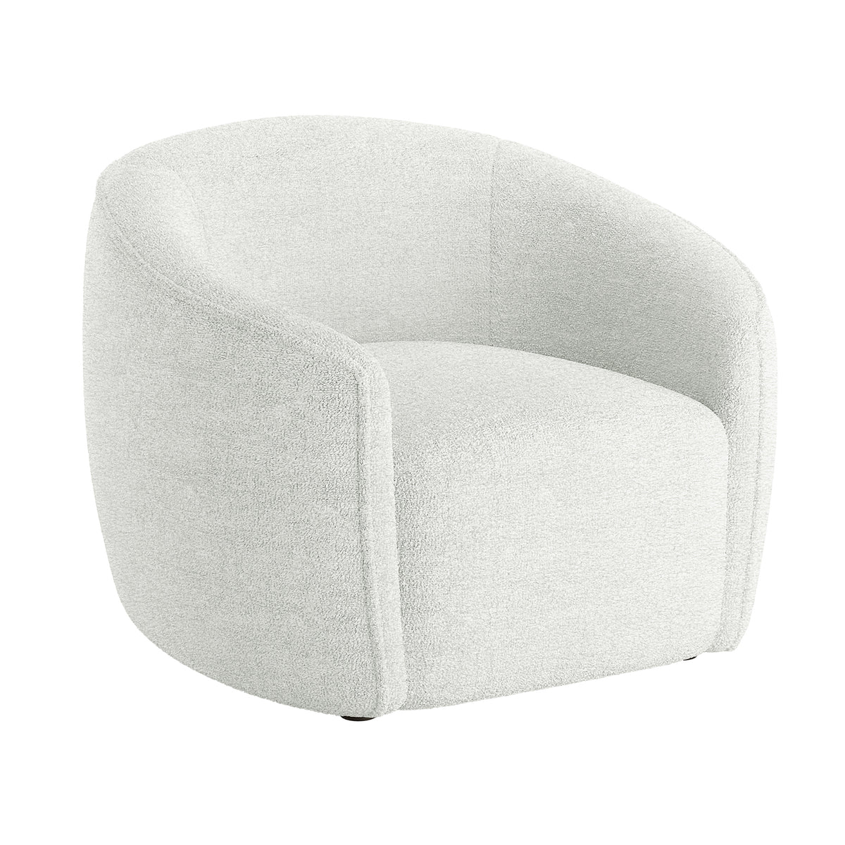 Yara Bouclé Accent Chair in Cream White, featuring a modern low-profile design with a gently curved barrel back, upholstered in off-white bouclé fabric, sitting directly on the floor without visible legs.