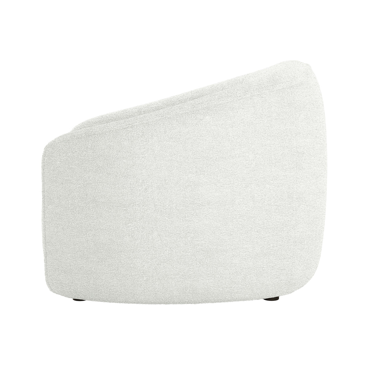 Yara Bouclé Accent Chair in Cream White, showcasing a modern barrel-style design with soft boucle upholstery, sloping back, rounded profile, and discreet feet. Perfect for a stylish, retro-inspired space.