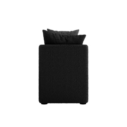 Zamira Large Boucle Storage Ottoman Bench in Charcoal, showcasing a box-shaped upholstered seat with matching throw pillows, set against a white background, highlighting its modern, minimalist design and functional storage feature.
