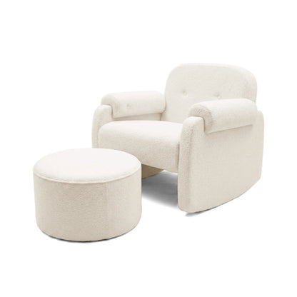 A cream-colored bouclé rocking chair featuring button-tufted detailing, paired with a matching cylindrical bouclé ottoman.
