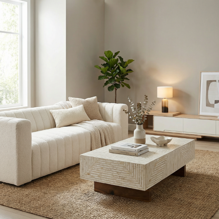 Parisa 3 Seater Tufted Boucle Sofa features off-white upholstery, vertically channeled design, and a boxy profile. Dimensions: 230cm wide, 93cm deep, 68cm tall.