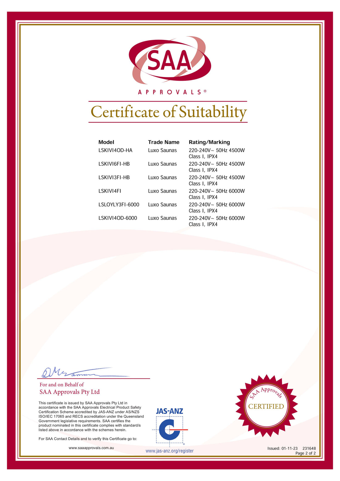 Certificate of Suitability for Kivi 4 Person Traditional Finnish Outdoor Home Sauna, featuring electrical ratings for six Luxo Saunas models, issued by SAA Approvals Pty Ltd, with JAS-ANZ certification.